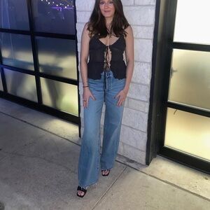 Zara Dark Gray Ruffle Chiffon Tie Front Top